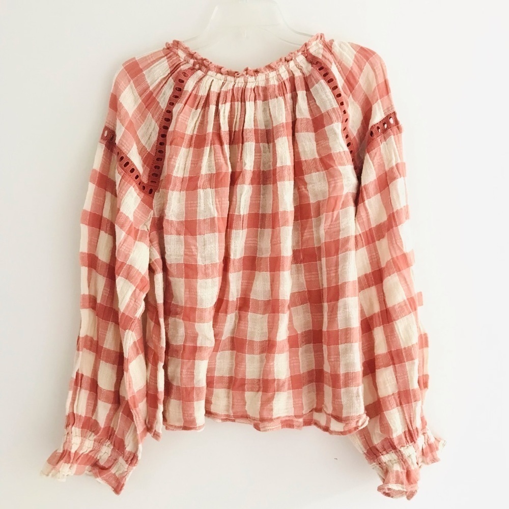 Free People | Honey Groove Plaid Top Womens L Beige Long Sleeve Knit Blouse - Picture 6 of 13